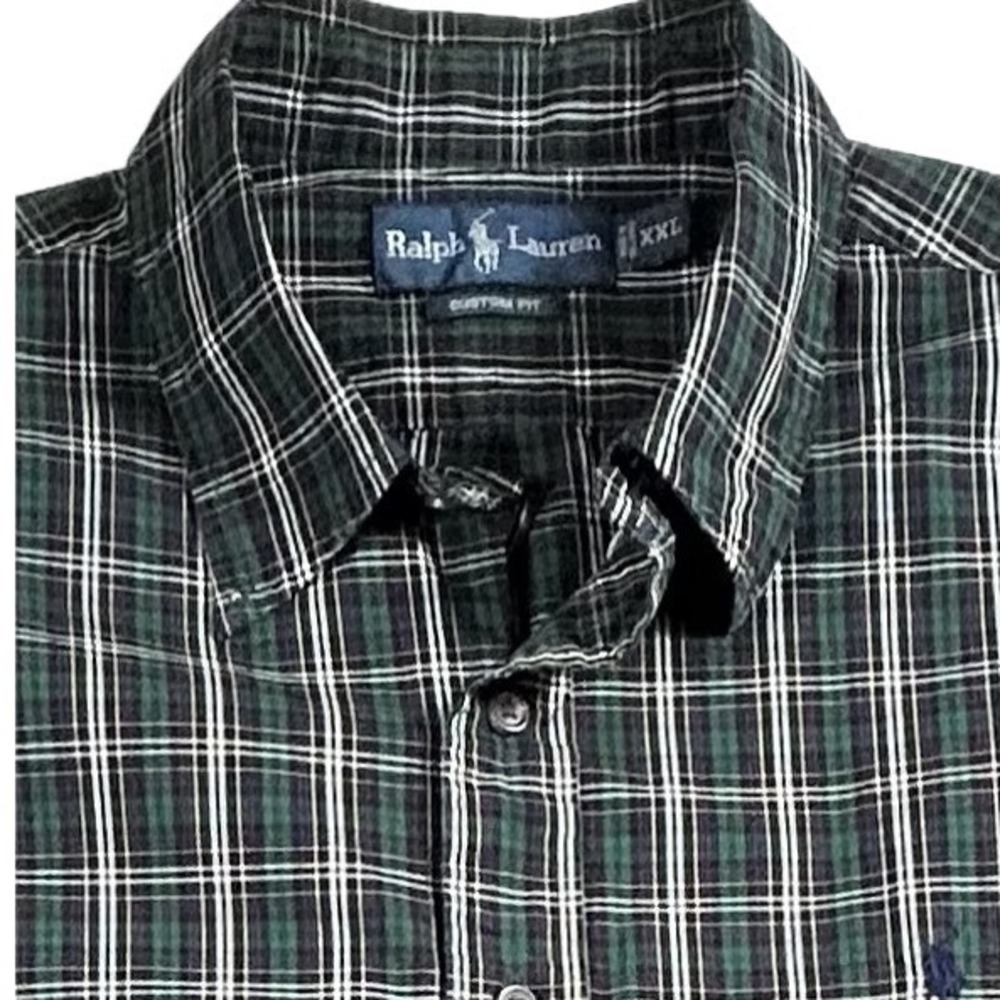 Ralph Lauren Custom Fit Plaid Button Down Shirt Green Navy XXL Long Sleeve